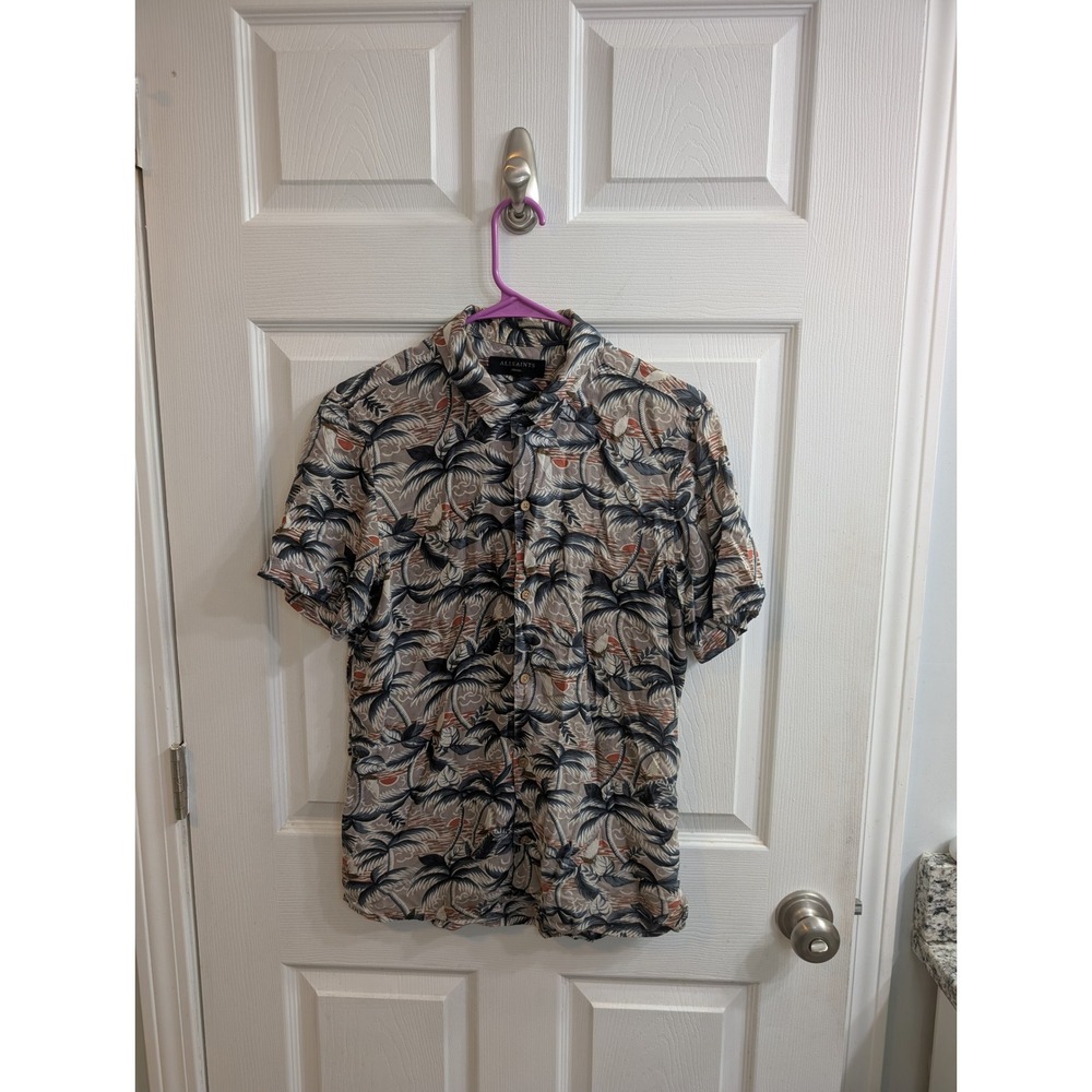 AllSaints‎ Mens Tropical Palm Tree Sunset Viscose Short Sleeve Button - Size S